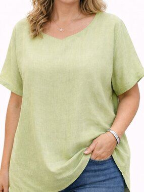 Plus Size 3X Women's Light Green V-Neck Short Sleeve Blouse Casual Linen Look